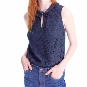 New With Tags  J Crew Lace Ruffle Neck Top Sleeveless XS NTW Navy